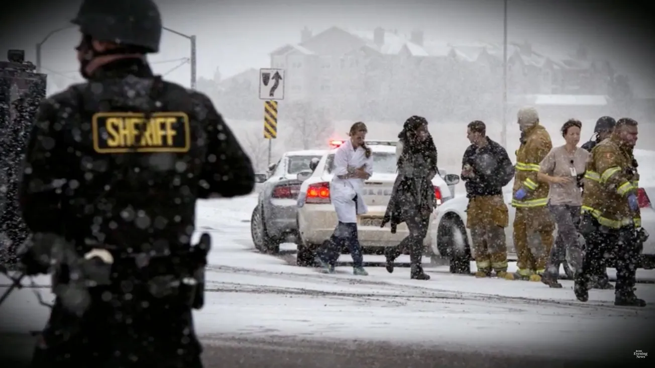 People are helped by first responders on a snowy street.