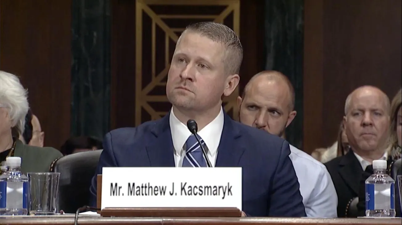 Judge Matthew Kacsmaryk, a white man wearing a blue suit, during his confirmation hearing.