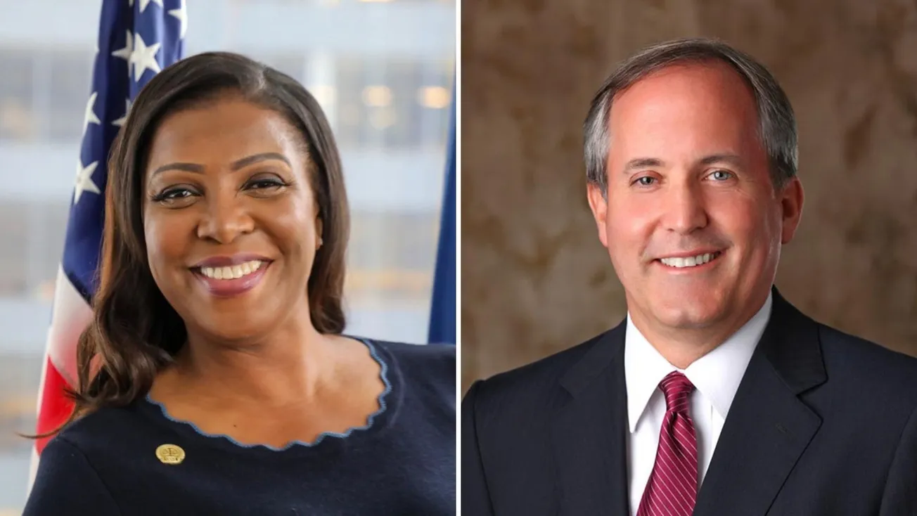 Photographs of New York Attorney General Letitia James on the left, and Texas Attorney General Ken Paxton on the right.